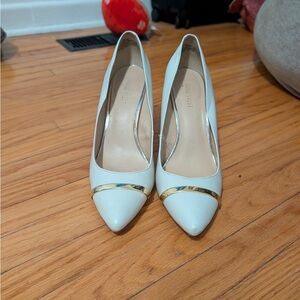 Nine West White Pointed Toe Pumps with Gold Trim